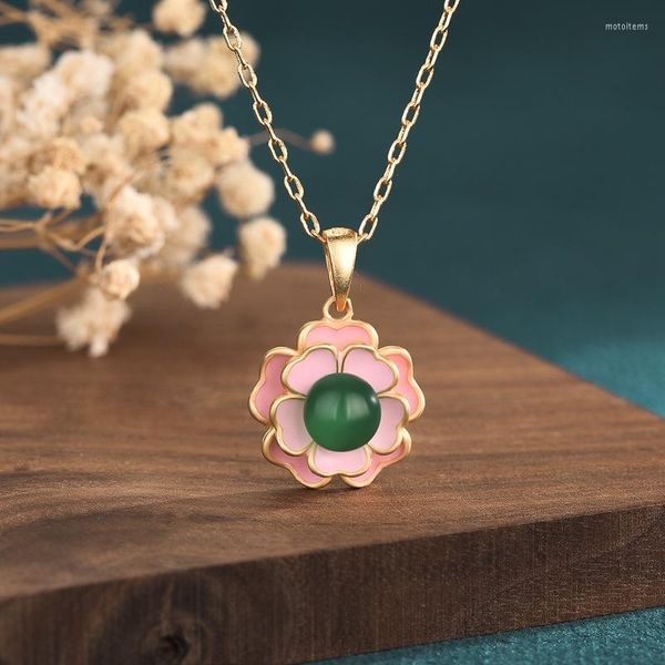 Correntes China estilo Camellia Colarlace Gold esmalte a cor Incomatada natural Jade Green Jade Bad Clavé os colares para mulheres 14 20mm