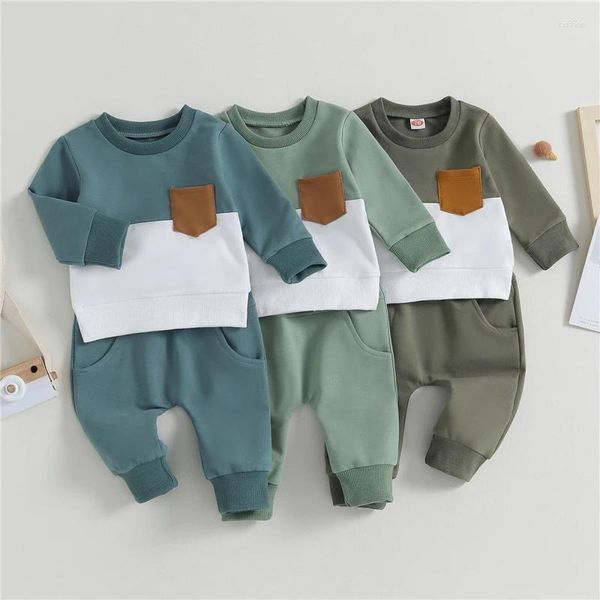 Conjuntos de roupas para bebês meninos meninas 2 peças roupas de outono manga comprida contraste cor pulôver tops e calças conjunto de roupas