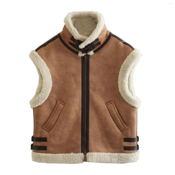 Gilet da donna Gilet in pile fuzzy Patchwork Colletto alla coreana Gilet Sherpa Cappotto invernale casual senza maniche in pelle scamosciata