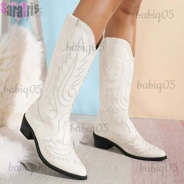 Botas novas marcas 2023 cowboy ocidental meados de bezerro botas outono chunky hees deslizamento em cowgirl botas longas senhoras bordar sapatos retro mulher t231121