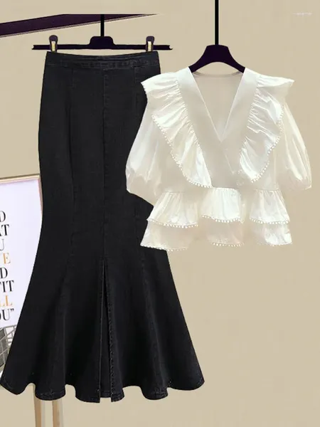 Arbeitskleider Damen Outfits 2023 Mode Rüschen Patchwork V-Ausschnitt Kurzarm Bluse Hohe Taille Split Meerjungfrau Denim Röcke Zweiteilige Sets