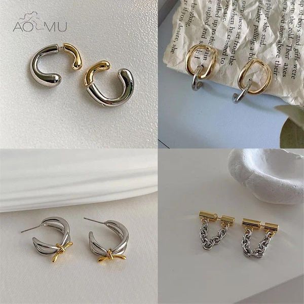 Orecchini a bottone AOMU Collezione a contrasto di colore oro argento Collezione multistrato irregolare in metallo con giunture a forma di cuore a forma di C per gioielli da donna