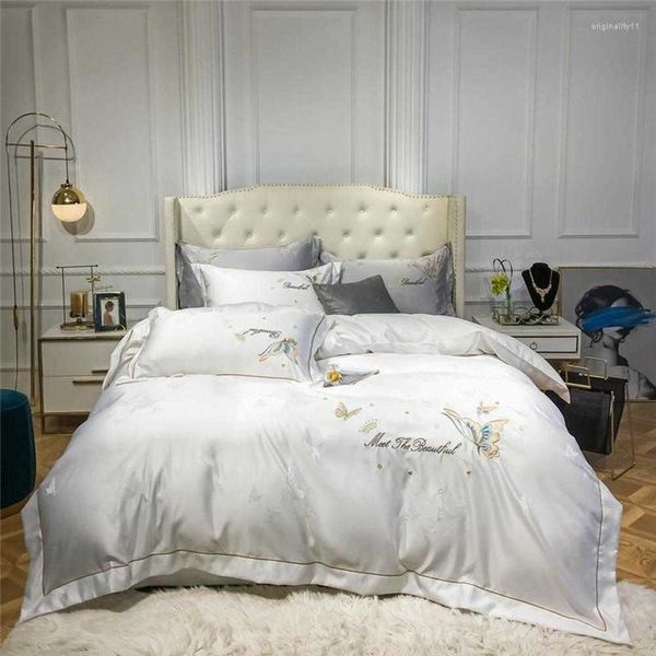 Bettwäsche-Sets Bettwäsche-Sets Luxus 60er Jahre weiße Schmetterlinge Stickerei langstapelige Baumwolle Bettbezug Bettwäsche Spannbettlaken Kissenbezüge Bettwäsche