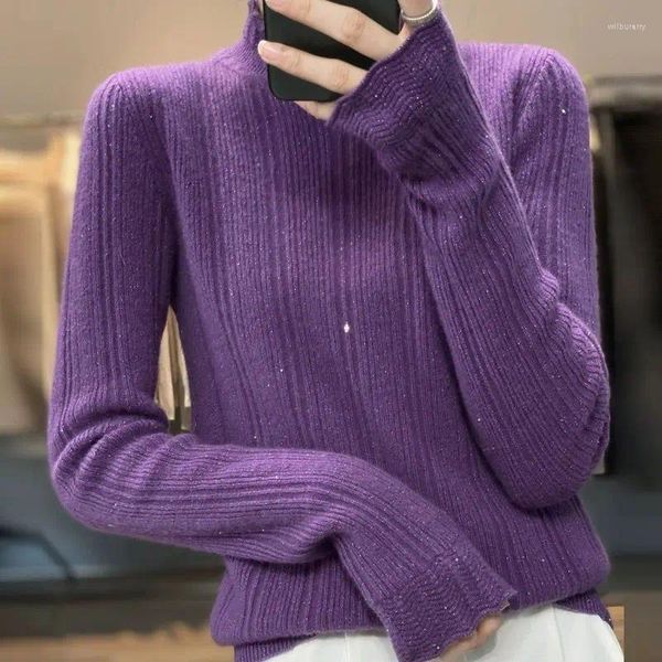 Suéter feminino meia gola alta, pulôver de lantejoulas sólido, suéter versátil para outono/inverno coreano
