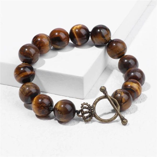 Strand Moda Bracciale Occhio di Tigre Naturale 12mm Gemma di Perline Corona OT Fibbia Donna Uomo Pietra Guarigione Equilibrio Gioielli Regali del partito