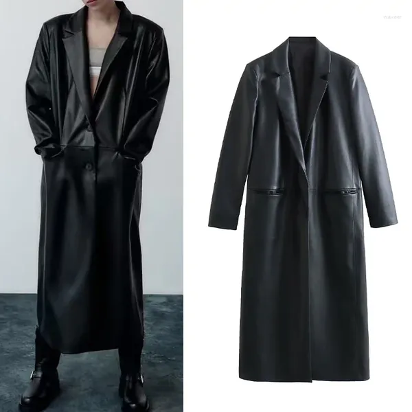 Couro feminino preto oversized longo impermeável trench coat para mulher 2023 manga botões soltos roupas de moda elegante