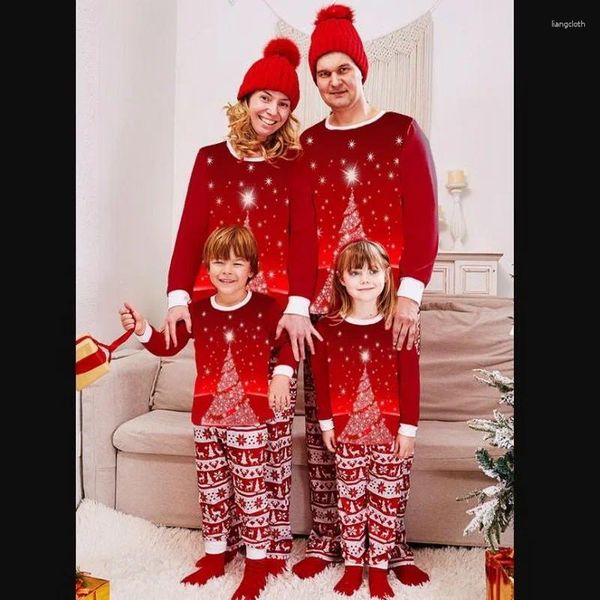 Pijamas femininos 2023 desenhos animados natal impressão pijamas duas peças conjunto manga longa top calças elásticas adultos crianças bebê família pai-filho