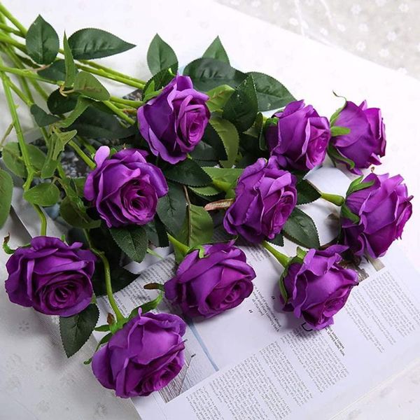 Dekoratif Çiçekler 8 PCS Yapay İpek Mor Roses Buket Ev Düğün Dekorasyon Partisi Gelin Merkez Parçası Sahte