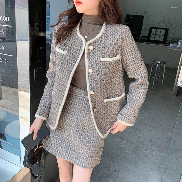 Vestidos de trabalho mulher ternos com saia outono inverno xadrez ashion vintage tweed casaco terno feminino trff senhora do escritório jaquetas cortadas