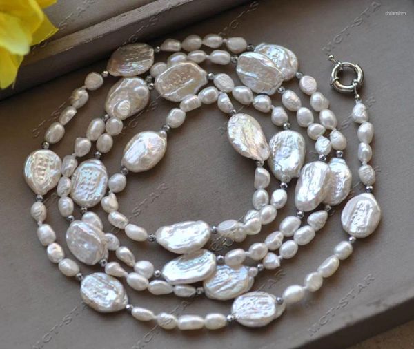 Catene Z12902 Collana di perle d'acqua dolce barocche con moneta bianca da 46 pollici e 18 mm