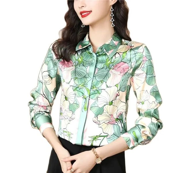 2023 Luxus Womens Designer Shirt Seiden Top Plusgröße Langschläfe Reversblusen Büro Damen Runway Printed Button Up Shirts Süßes Mädchen Urban Elegant Blue Satin Tops