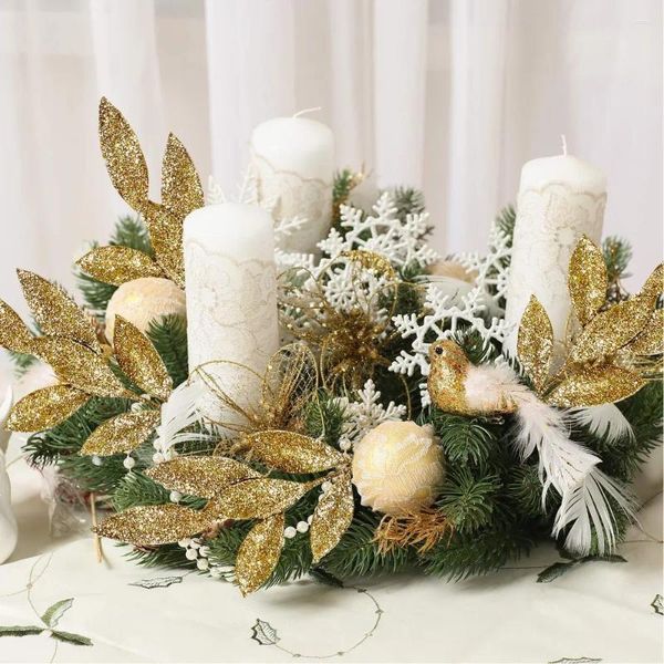 Flores decorativas 10 peças com lantejoulas folhas de glitter artificial simulação de azeitona ornamento de árvore de natal faça você mesmo multiuso