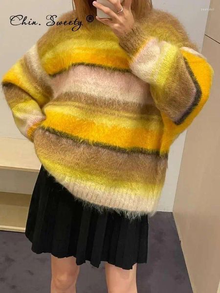 Женские свитера, женский полосатый свитер из мохера, пуловер, свободный круглый вырез, модные контрастные цвета, осенне-зимние женские топы с длинными рукавами