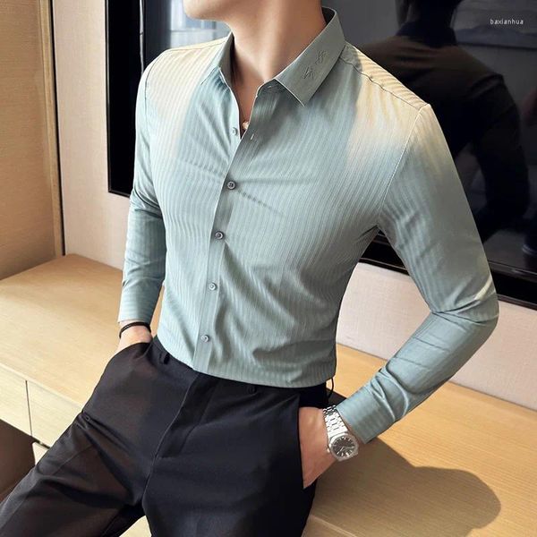 Männer Casual Hemden Stickerei Kragen Business Dunkel Gestreift Für Männer Kleidung 2023 Formale Tragen Slim Fit Büro Bluse Homme Top qualität