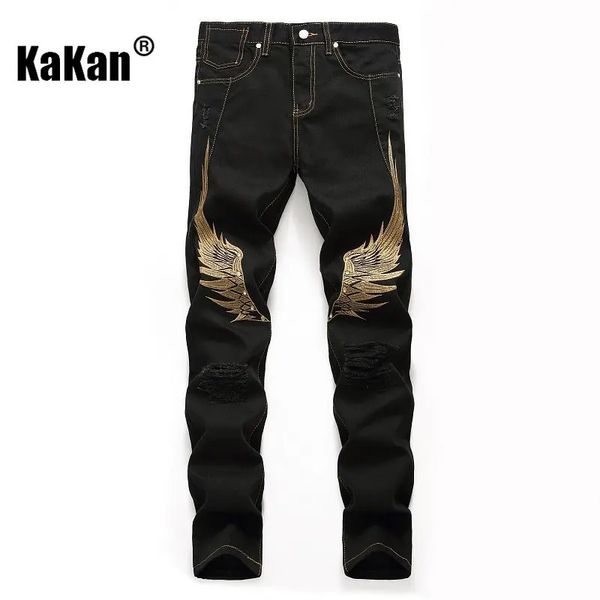 Jeans masculinos kakan rua personalidade bordado asa buraco vermelho preto bolso decoração k02 8733 231120