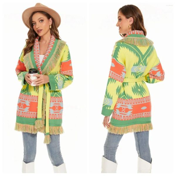 Malhas femininas boho inspirado jacquard lã cardigan feminino inverno quente manga longa lapela gola cinto camisola de malha oversized