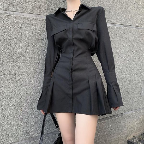 Vestidos casuais houzhou camisa preta dres elegante vintage de manga longa sexy gótico plissou de rua gorjeta de colarinho de colarinho 230421