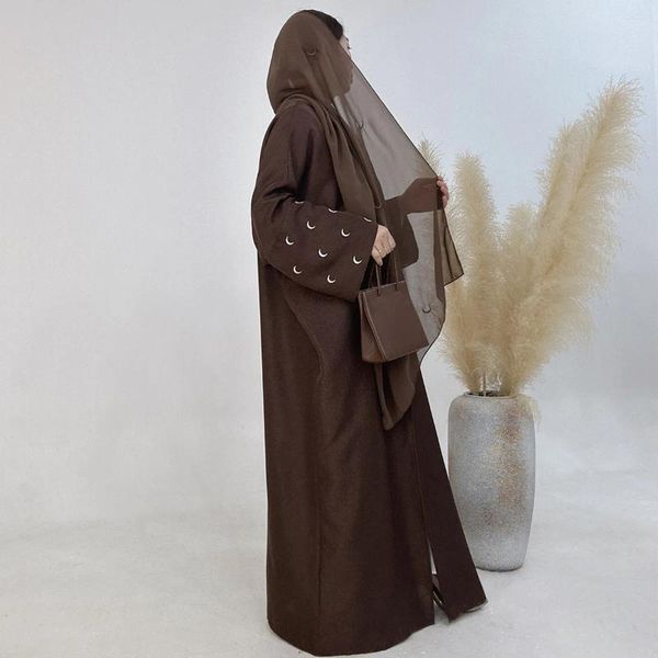 Этническая одежда Дубай Абая Тонкая льняная ткань с вышивкой Луны Рукава «летучая мышь» Кимоно Мусульманские женщины Исламский хиджаб Верхняя одежда Рамадан