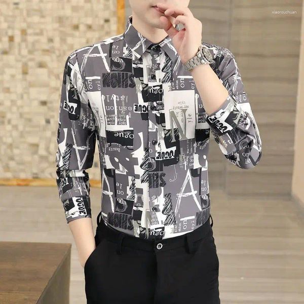 Camicie casual da uomo Cardigan primaverile e autunnale Camicia a maniche lunghe stampata con motivo geometrico con colletto a polo monopetto