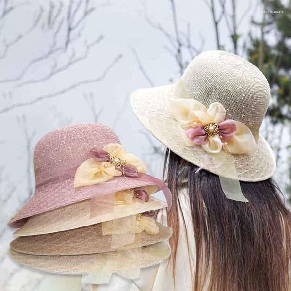 Chapéus largos da borda Summer Lace Bow Girls Girls Baía respirável Beach Sun Hat simples