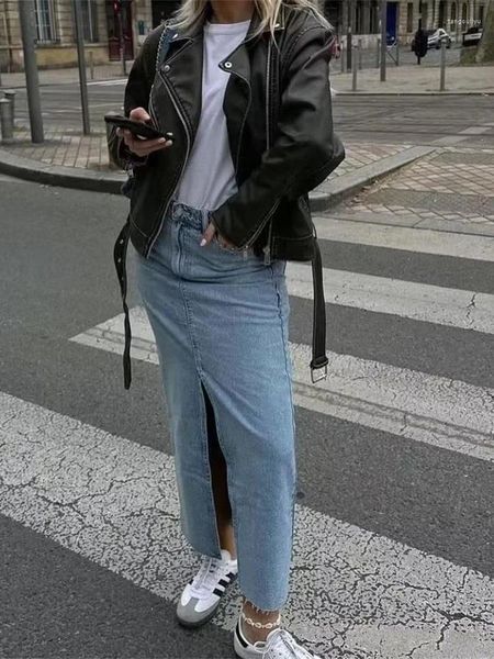 Saias ZXQJ Mulheres 2023 Moda com Bolsos Desfiados Hem Denim Lápis Saia Vintage Cintura Alta Zipper Feminino Mujer