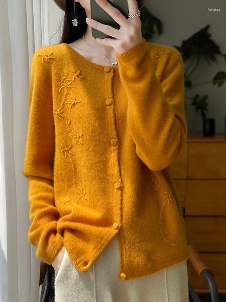 Kadın Örgü Sonbahar Yün Sweater hırka Kadınlar O yaka Uzun Kollu Üstler Çin tarzı Nakış Moda Kış 2023 Örgü Sıcak Çekme Femme