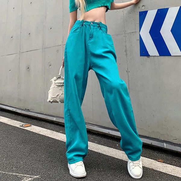 Kadınlar Kot yaz mavi moda kanca yüksek bel vintage geniş bacak düz pantolon sokak sıradan bülbeli paspas denim pantolon bayanlar