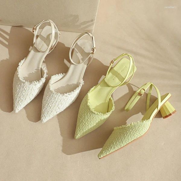 Модельные туфли 2023, женские туфли на каблуке высокого качества из тканой ткани с острым носком и ремешками на щиколотке, круглые женские пикантные элегантные свадебные туфли на каблуке