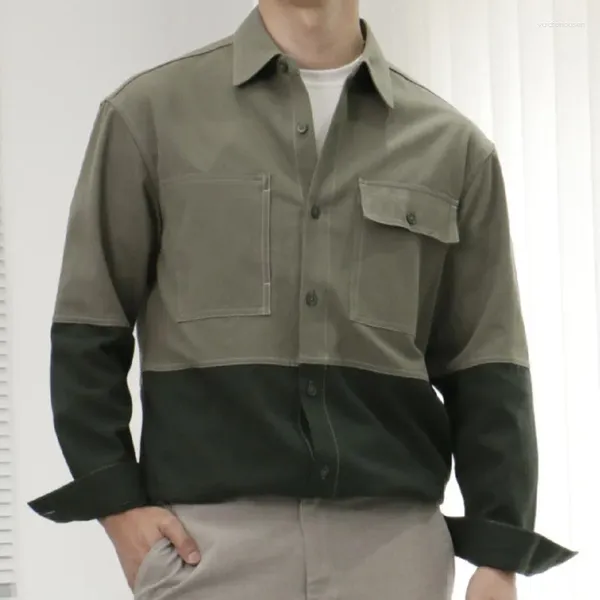 Camisas casuais masculinas contraste britânico cor costura ferramentas grandes bolsos camisa masculina magro manga longa social club outfits escritório