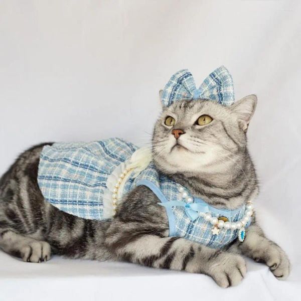 Kedi kostümleri köpek etek sevimli evcil hayvan elbise ile yay headdress ile çiçek faux inci dekor köpekler için kediler prenses köpek kıyafetleri malzemeleri