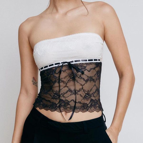 Tanques femininos Gaono Y2K Fairy Lace Sheer Tube Tops Mulheres Sleeeveless Alças Crop Bandeau 2000s Retro Strapless Camis Streetwear