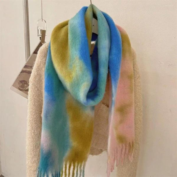 Lenços mulheres inverno cachecol vintage colorblock tie-dye macio quente grosso xale borla decoração pescoço ombro proteção longa senhora larga