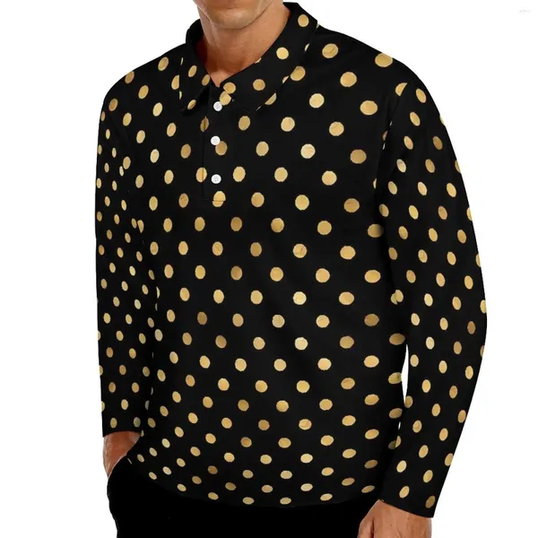 Erkek Polos Vintage Gold Dot Polo Gömlek Sonbahar Polka Dotlar Günlük Gömlek Uzun Kollu Yatak Modeli Desen Büyük Boy Tişörtleri