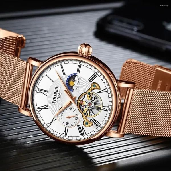 Orologi da polso Orologi meccanici da uomo di lusso Orologio da polso automatico Tourbillon Orologio con fasi lunari Uomo Acciaio oro rosa Relogio Masculino