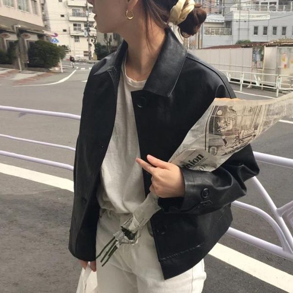 Женские куртки, однобортное короткое пальто, южнокорейское шикарное ретро с лацканами, свободная повседневная мотоциклетная одежда с длинными рукавами, осень