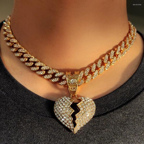 Ожерелья с подвесками для мужчин и женщин в стиле хип-хоп Iced Out, ожерелье с разбитым сердцем и массивной кубинской цепочкой Майами 13 мм, модные украшения со стразами