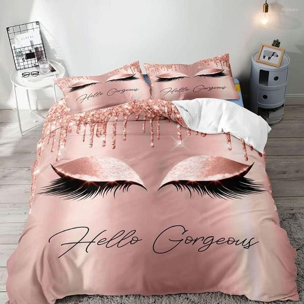 Set di biancheria da letto Hello Gorgeous Set copripiumino Luxury Rose Gold Glitter Bling Eyelash Makeup Glam Girly Comforter Camera da letto rosa