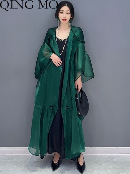 Женские траншеи Coats Qing Mo 2023 Весна Лето Мода Яркая лицо свободно рассылаемое пальто женское кардиган зеленая женская уличная одежда ZXF2230 230421