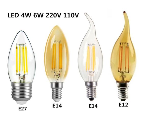 Ampuller LED Edison Filament Mum Blubs Hafif Altın C35 C35L 2W 4W 6W Kristal Ayakkabı İçin Sıcak Beyaz Dimmable E14 E12 E27 220V 110V