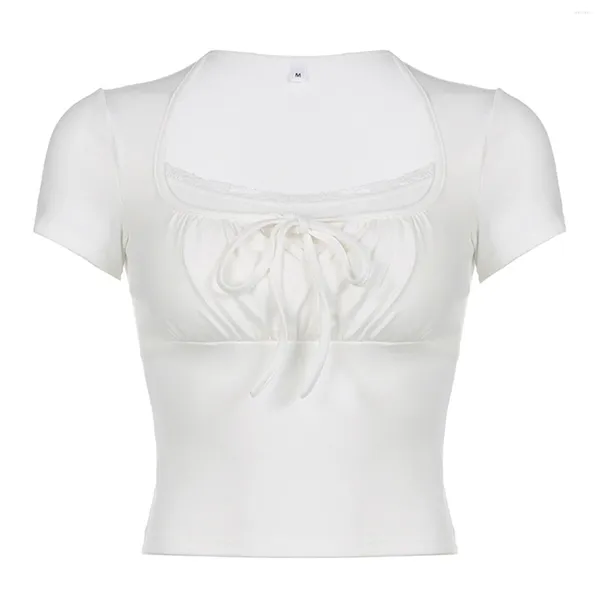 Женские футболки, летние тонкие укороченные топы, белая узкая футболка с короткими рукавами и квадратным вырезом с кружевной отделкой