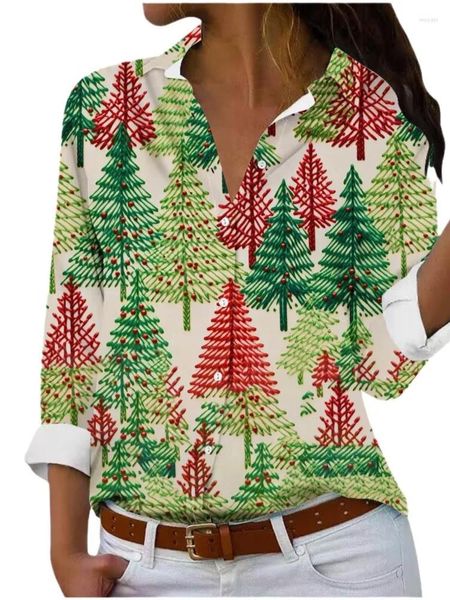 Blusas femininas elegantes camisa feminina moda natal 3d impressão manga longa ano botão e topos primavera escritório senhora blusa feminina