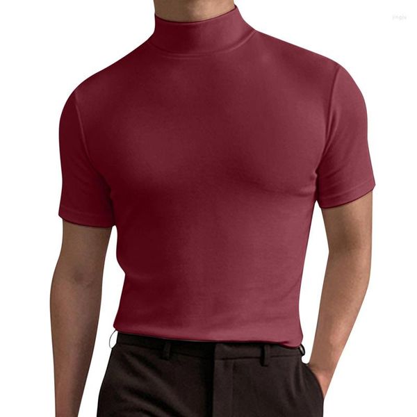 Herren T-Shirts Herren 2023 Sommer Kurzarm T-Shirts Mode Herren Büro Bluse eng anliegende Street Top Frühling High-Neck Solid Color Tops