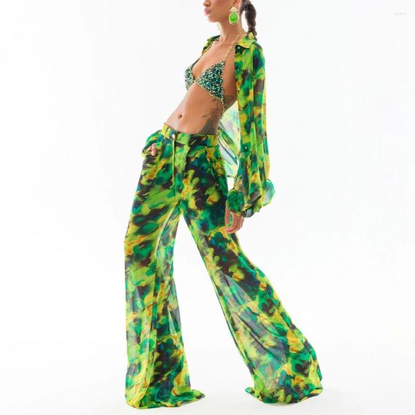 Costume da bagno da donna Verde Tie-Dye Stampa Collo appeso Patchwork Micro bikini Vita bassa Costume da bagno sexy con scollo all'americana Costume da bagno push-up Donna