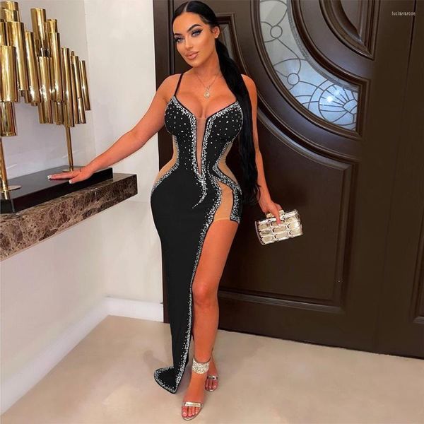 Casual Kleider Zoctuo Fashion Diamonds Mesh Club Night Party Slim Robe Slit Drill Sexy Sling Sheer Long Dress Damen Outfits