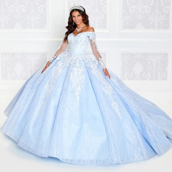 Himmelblaues glänzendes Quinceanera-Kleid aus der Schulter, Prinzessin-Abschlussballkleid, Tüll-Applikationen, Spitze, Perlen, süßes 16-Kleid, Vestidos de 15 Jahre