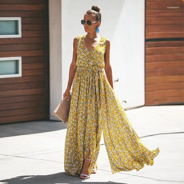 Vestidos casuais elegante boêmio com decote em v vestido longo mulheres amarelo floral impressão retro vestidos roupas verão boho