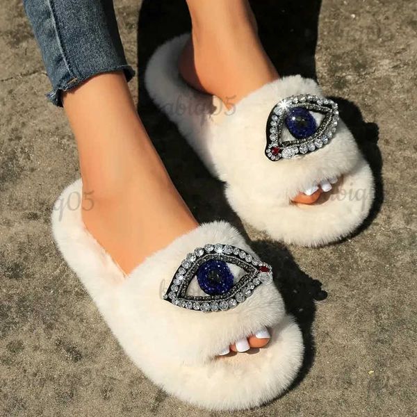 Pantofole Nuove donne Strass Occhi grandi Pantofole pelose Peluche Incredibile Accogliente Scivoli caldi Punta scoperta Occhi lucidi Infradito Suole spesse Hot T231121