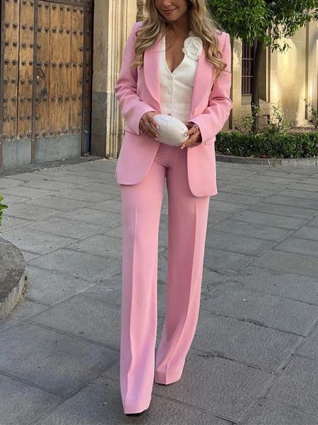 Pantaloni a due pezzi da donna Abito formale a maniche lunghe primaverile ed estivo da donna Colletto rialzato Giacca da abito casual Rosa a vita alta