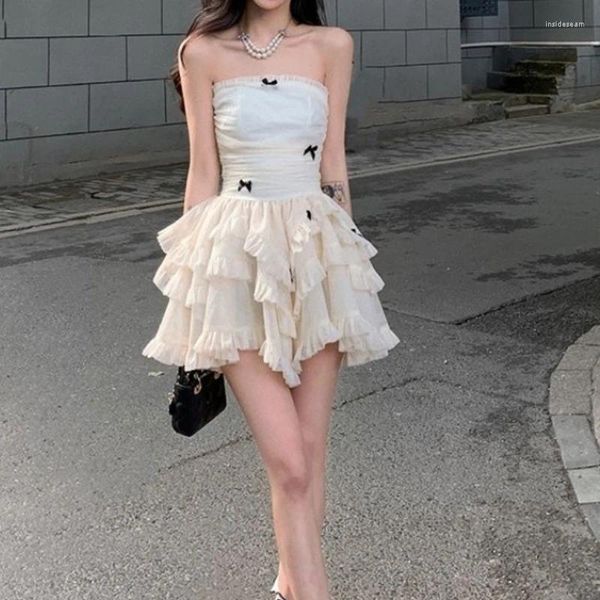 Lässige Kleider Chic und Kawaii Cascading Rüschen Fee Minikleid Frauen 2023 Sommer Elegante rückenfreie weibliche eine Schulter trägerlose Party