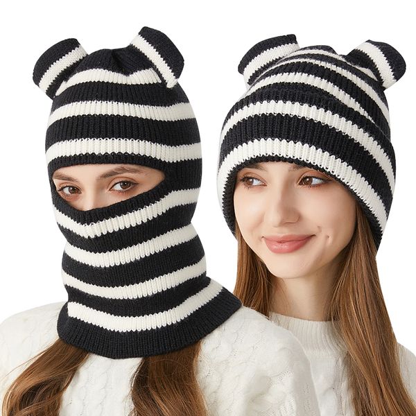 Inverno Crochet Buraco Máscara de Esqui Capuz Cachecol Gorro Chapéu com Chifre Listrado Uma Peça Tricotada Rosto Cheio Balaclava Gorro Desleixado para Mulheres Mens Esqui Ciclismo